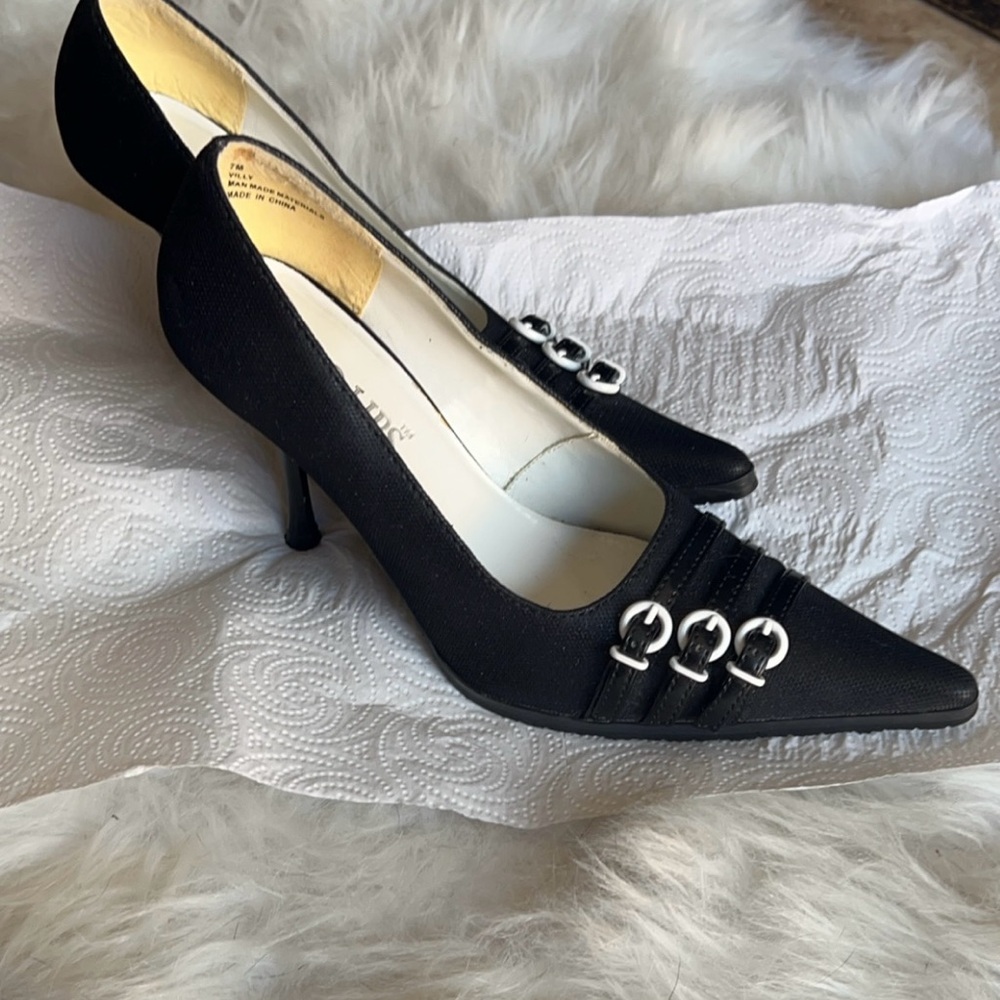Two Lips | Women’s Black White Buckled Stiletto Heeled Pumps Shoes 7